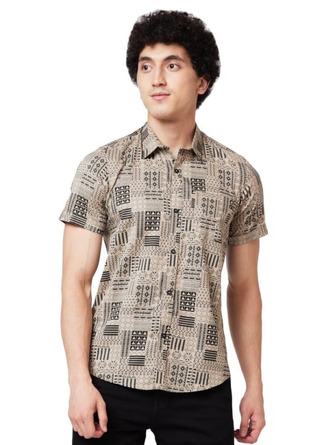 Spykar Khaki Cotton Regular Fit Printed Shirt