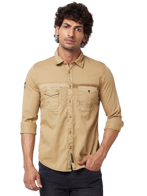 Spykar Khaki Cotton Regular Fit Shirt