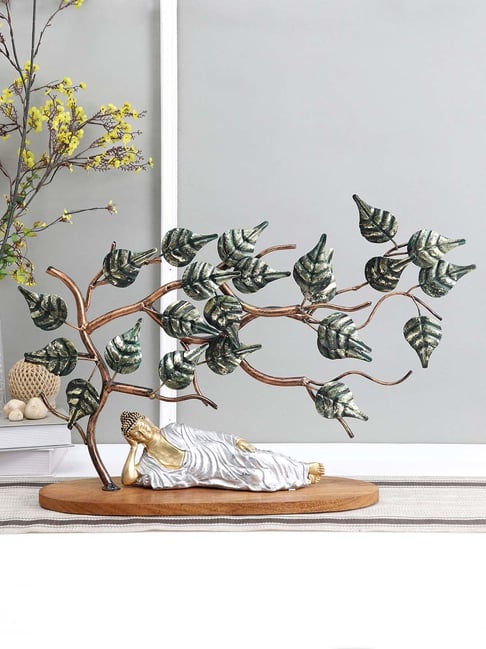 Aapno Rajasthan Green Metal Table-Top Sleeping Buddha Under Tree

 - Set of 2