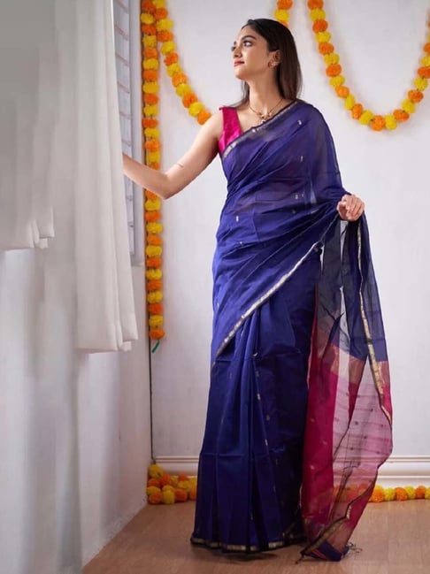 Sky blue and rani pink color kanchipuram silk saree with zari weaving work