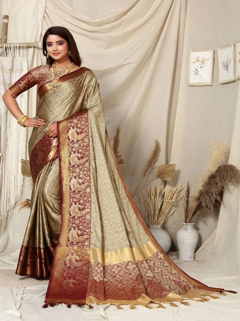 Beige Maroon Gala Border Premium Polycotton Cotfeel Saree For Office U–  Uniform Sarees