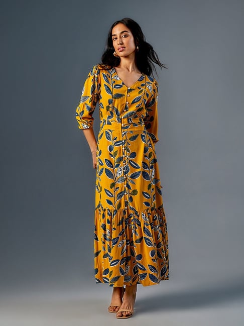 Buy GLOBAL DESI Mustard Womens Mandarin Collar Printed Layered Maxi Dress |  Shoppers Stop