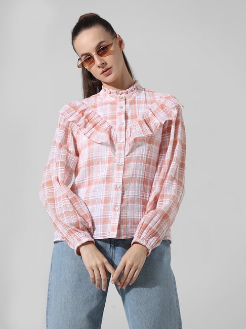 Only Pink White Cotton Checks Shirt