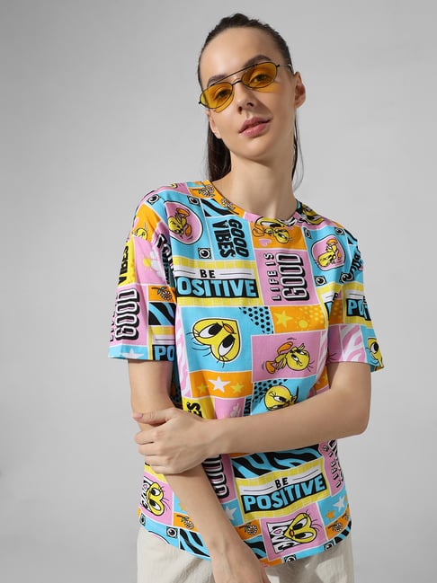 Only Multicolor Cotton Graphic Print Oversized T-Shirt