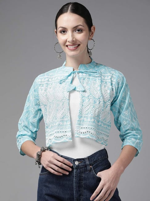 Buy Aarika Turquoise Cotton Embroidered Shrug for Women Online