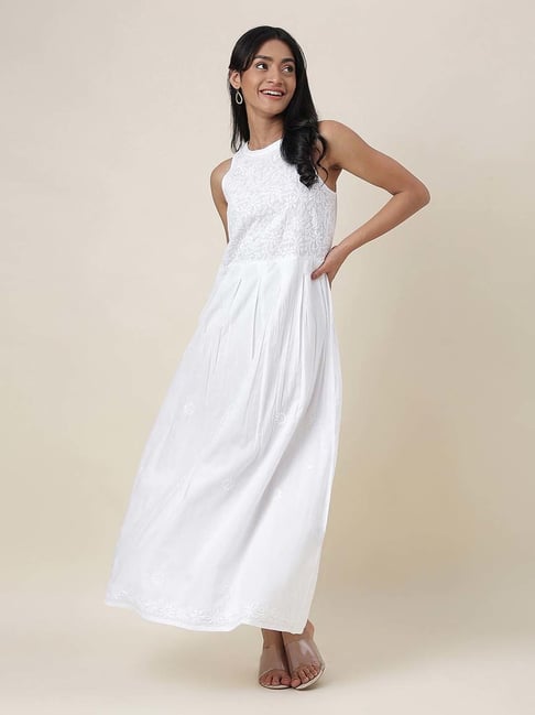 Fabindia White Cotton Embroidered Maxi Dress