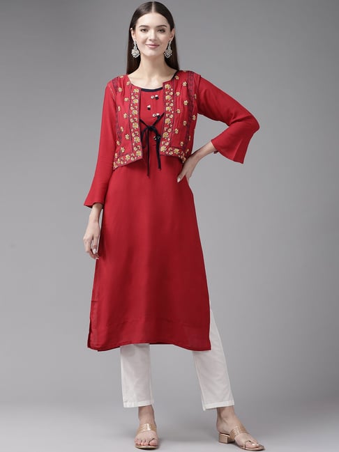 Buy Aarika Maroon Embroidered Straight Kurta With Jacket for Women Online Tata CLiQ