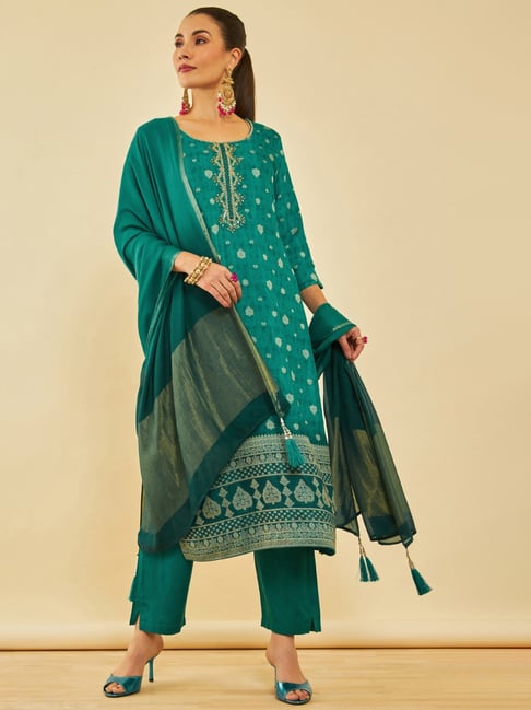 Soch Green Brocade Floral Woven Design Suit Set With Zardosi Work