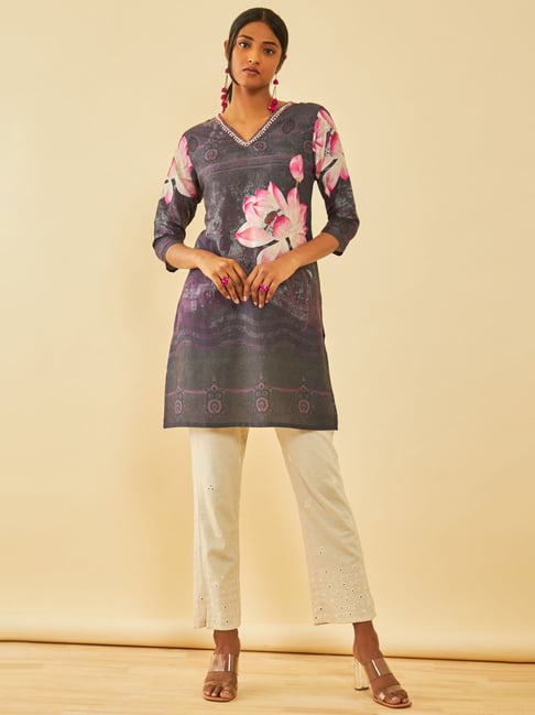 Soch Purple Muslin Blend Floral Printed Kurta With Embellishment-picture-40