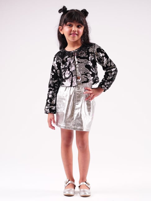 Lil Drama Kids Black Grey Embellished Full Sleeves Bustier, Jacket with  Skirt