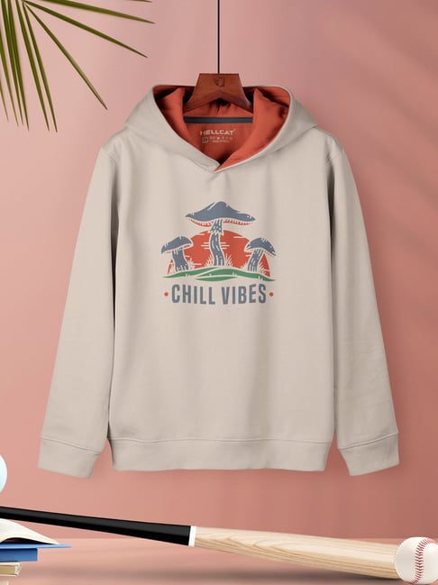 HELLCAT Kids Beige Printed Full Sleeves Hoodie