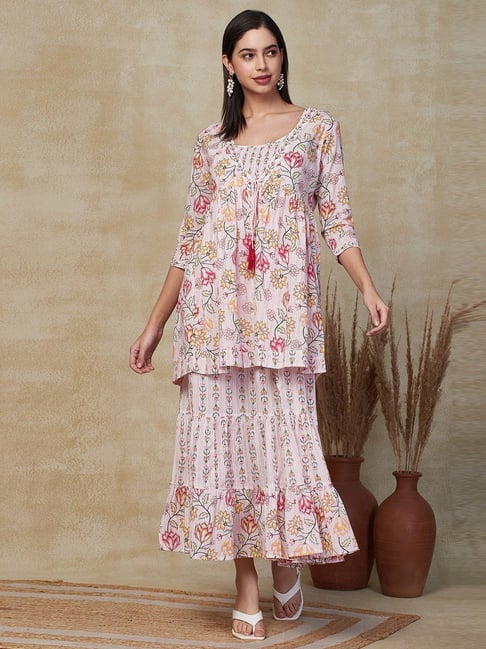Fashor Pink Cotton Floral Print Maxi Dress With Jacket