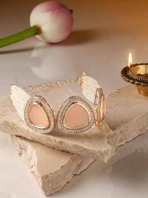 Zaveri Pearls Peach Multistrand Dazzling Austrian Diamonds Beads  Bracelet-ZPFK16667