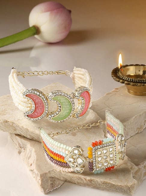 Zaveri Pearls Set of 2 Multicolor Beaded Austrian Diamonds Dazzling Crescent Bracelet-ZPFK16852-picture-32