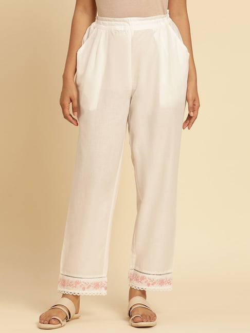 W Off-White Cotton Embroidered Straight Pants