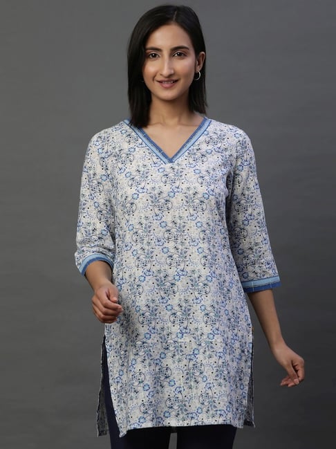 Buy Aurelia Off White Blue Cotton Printed Straight Short Kurti for Women Online Tata CLiQ