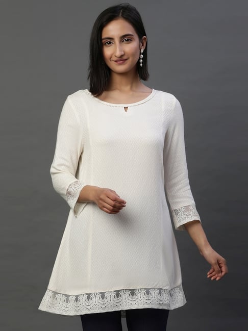 Aurelia White Woven Pattern A Line Short Kurti-picture-24