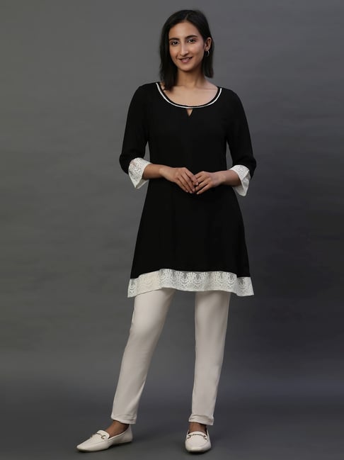 Aurelia Black Woven Pattern A Line Short Kurti-picture-16