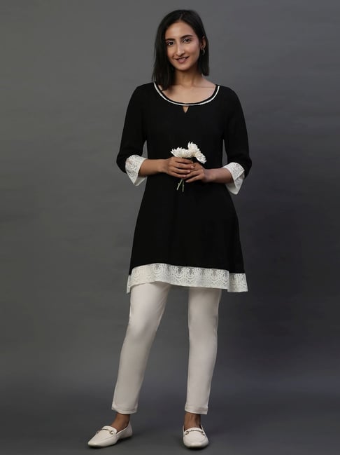 Buy Aurelia Black Woven Pattern A Line Short Kurti for Women Online Tata CLiQ