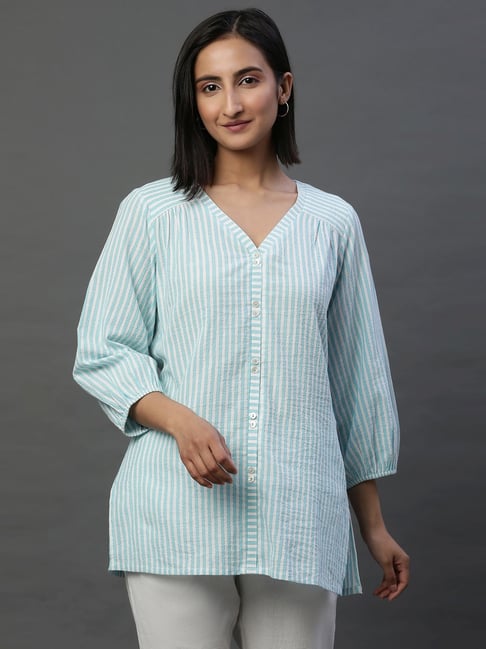 Aurelia Blue Cotton Striped Straight Short Kurti-picture-25