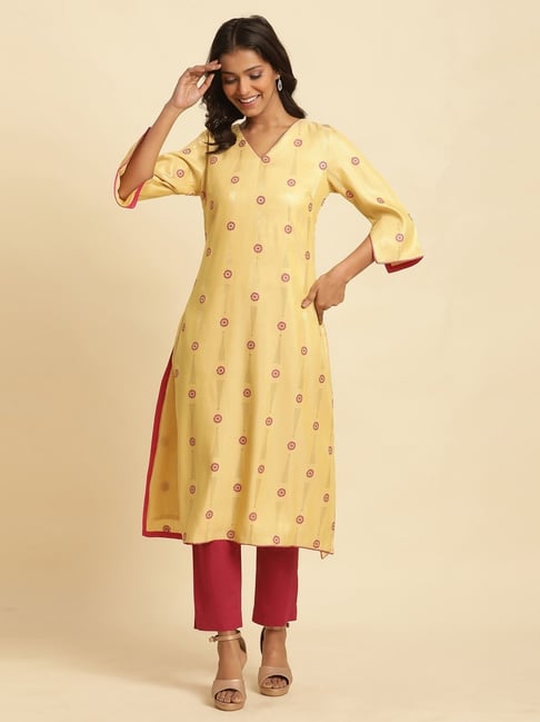 W Yellow Printed Straight Kurta-picture-31