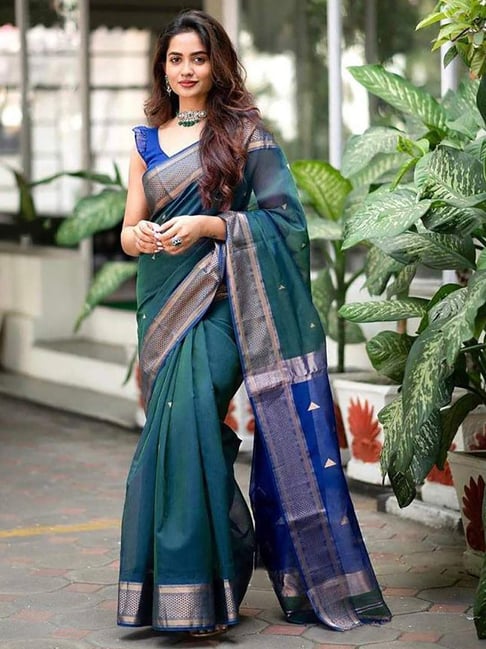Anjaneya Sarees Blue Silk Woven Saree With Unstitched Blouse-picture-39