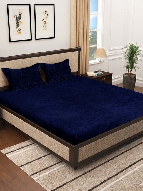 HOSTA HOMES Blue Woollen Yarn 300 TC King Fitted Warm Bed Sheet With 2 Pillow Covers-picture-18