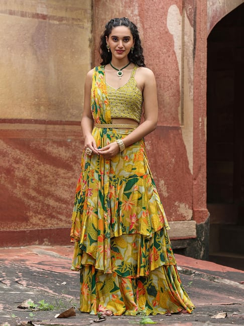 Buy SCAKHI Lime Yellow Ready To Wear Saree With Blouse Belt for