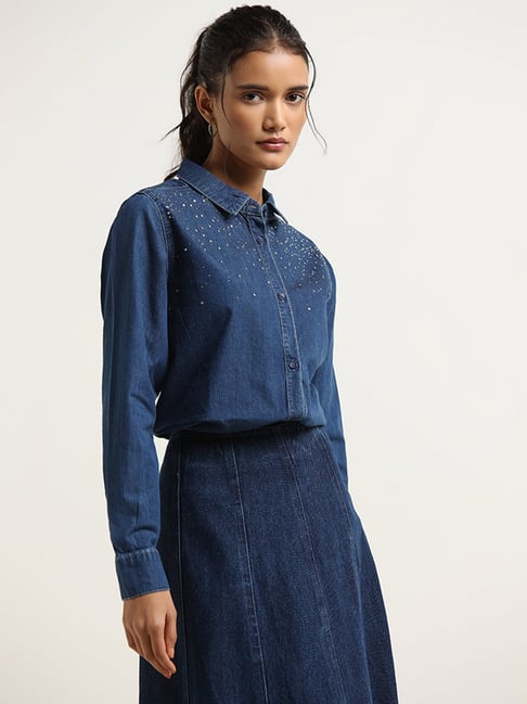 Buy Denim Button-up Long Sleeves Shirt Dress With Pockets Online in India -  Etsy