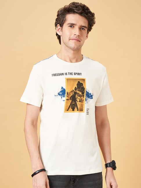 SF Jeans by Pantaloons Off White Cotton Slim Fit Printed T-Shirt