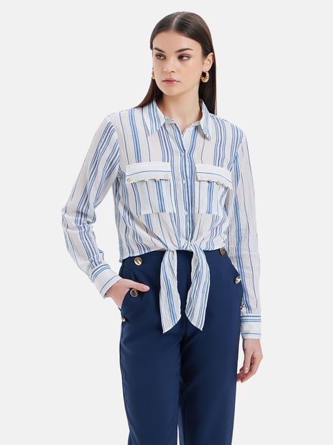 Kazo White & Blue Cotton Striped Shirt-picture-38