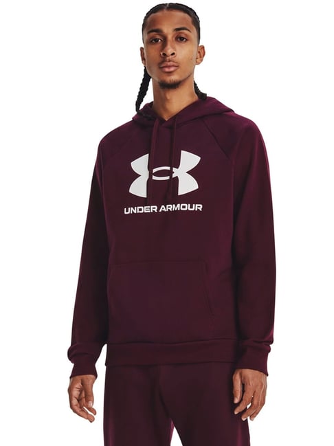 Under Armour Maroon Cotton Loose Fit Logo Printed Hooded Sweatshirt