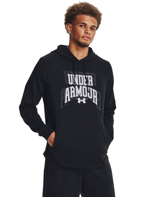 Under Armour Black Cotton Loose Fit Logo Printed Hooded Sweatshirt