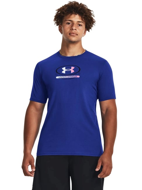 Under Armour Blue Cotton Loose Fit Logo Printed Sports T-Shirt