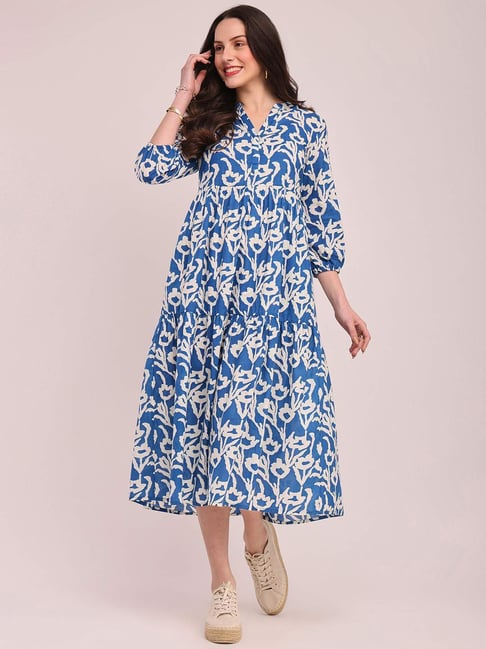 Pink Fort Blue Cotton Floral Print A-Line Dress