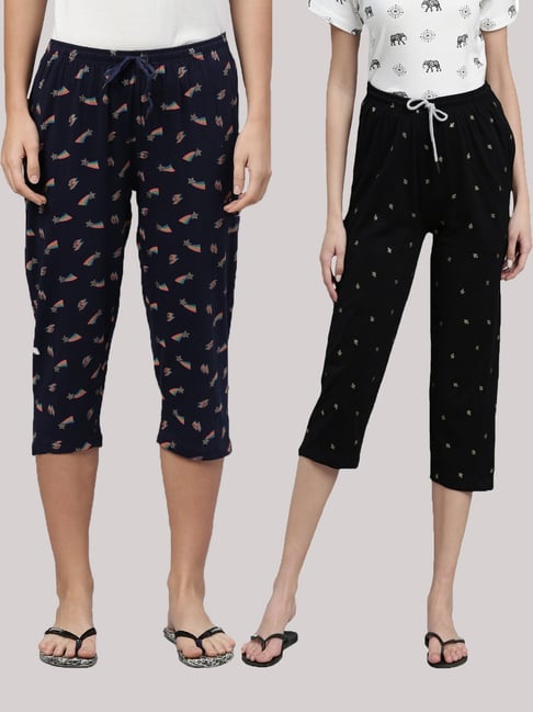Kryptic Navy & Black Cotton Printed Mid Rise Capris (Pack Of 2)