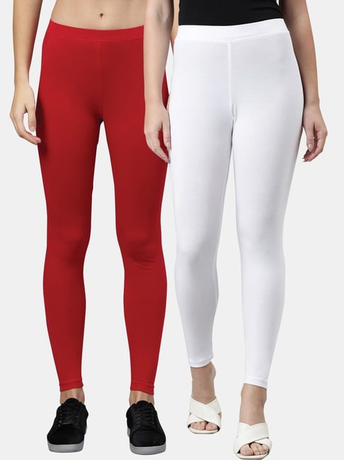 Kryptic Red White Cotton Regular Fit Leggings Pack Of 2