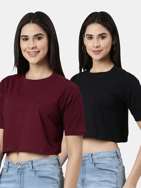 Kryptic Maroon & Black Cotton Relaxed Fit Crop T-Shirt (Pack Of 2)-picture-47