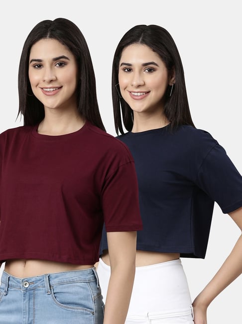 Kryptic Maroon & Navy Cotton Relaxed Fit Crop T-Shirt (Pack Of 2)-picture-33