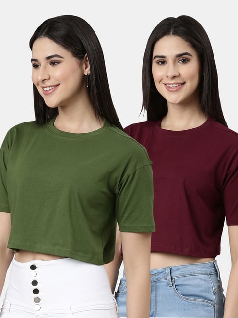 Kryptic Green & Maroon Cotton Relaxed Fit Crop T-Shirt (Pack Of 2)-picture-20