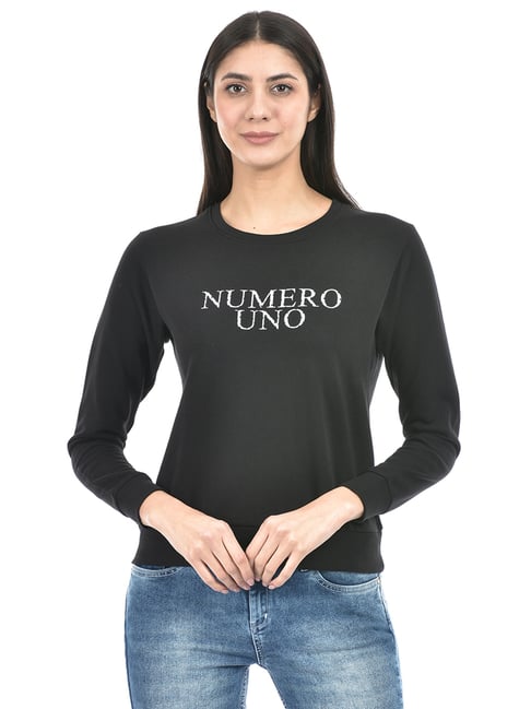 NUMERO UNO Black White Cotton Graphic Print Sweatshirt