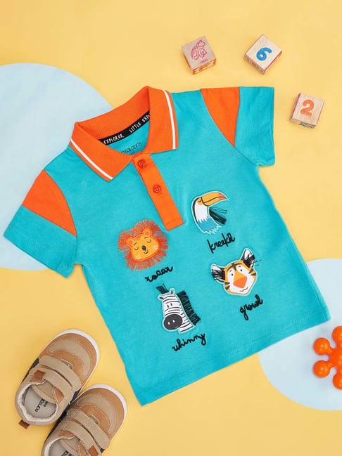 Pantaloons Baby Blue & Orange Cotton Embroidered Polo T-Shirt