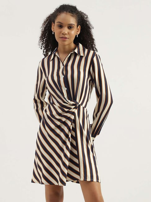 United Colors of Benetton White Navy Striped Shirt Dress