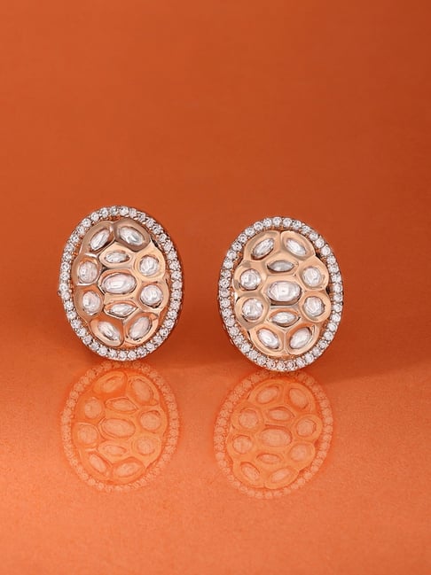 Zaveri Pearls Rose Gold Tone Dazzling Cubic Zirconia Brass Oval Shape Stud  Earrings-ZPFK17268