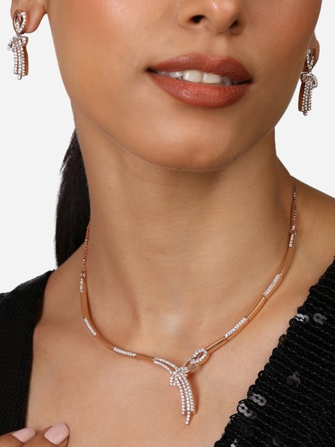 Zaveri Pearls Rose Gold Tone Cubic Zirconia Contemporary Brass Necklace Earring Set-ZPFK17230-picture-19