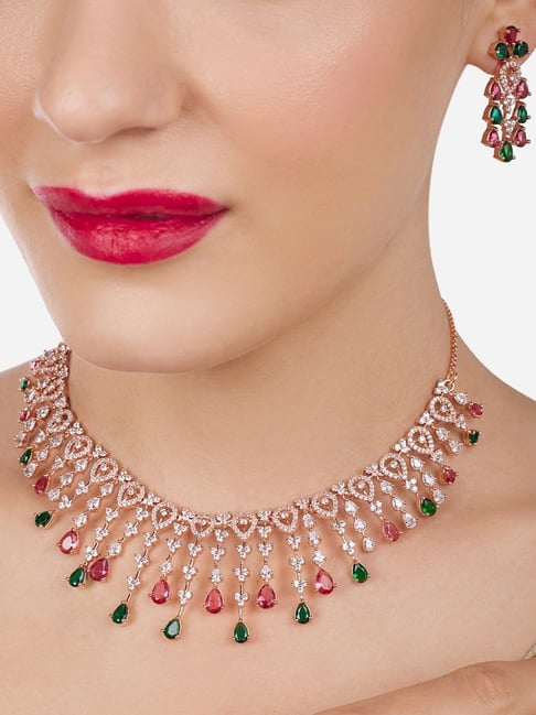 Zaveri Pearls Pink Green Dazzling Cubic Zirconia Embellished Brass Necklace & Earring Set-ZPFK17236