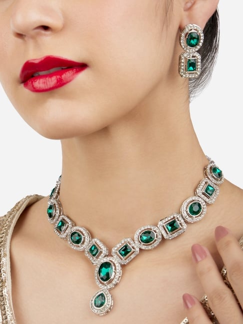 Zaveri Pearls Green Stones & Austrian Diamonds Embellished Necklace & Earring Set-ZPFK17196