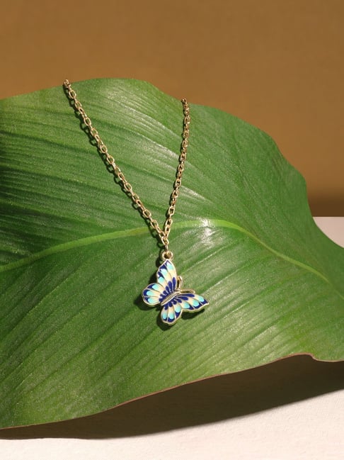 Zaveri Pearls Turquoise Navy Blue Enamel Contemporary Butterfly Pendant  Chain-ZPFK17262