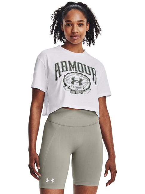 UNDER ARMOUR White Cotton Printed Sports Cropped T-Shirt