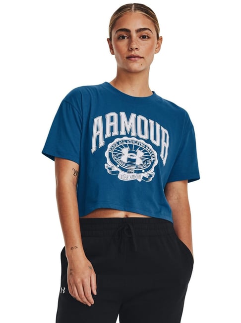 UNDER ARMOUR Blue Cotton Printed Sports Cropped T-Shirt